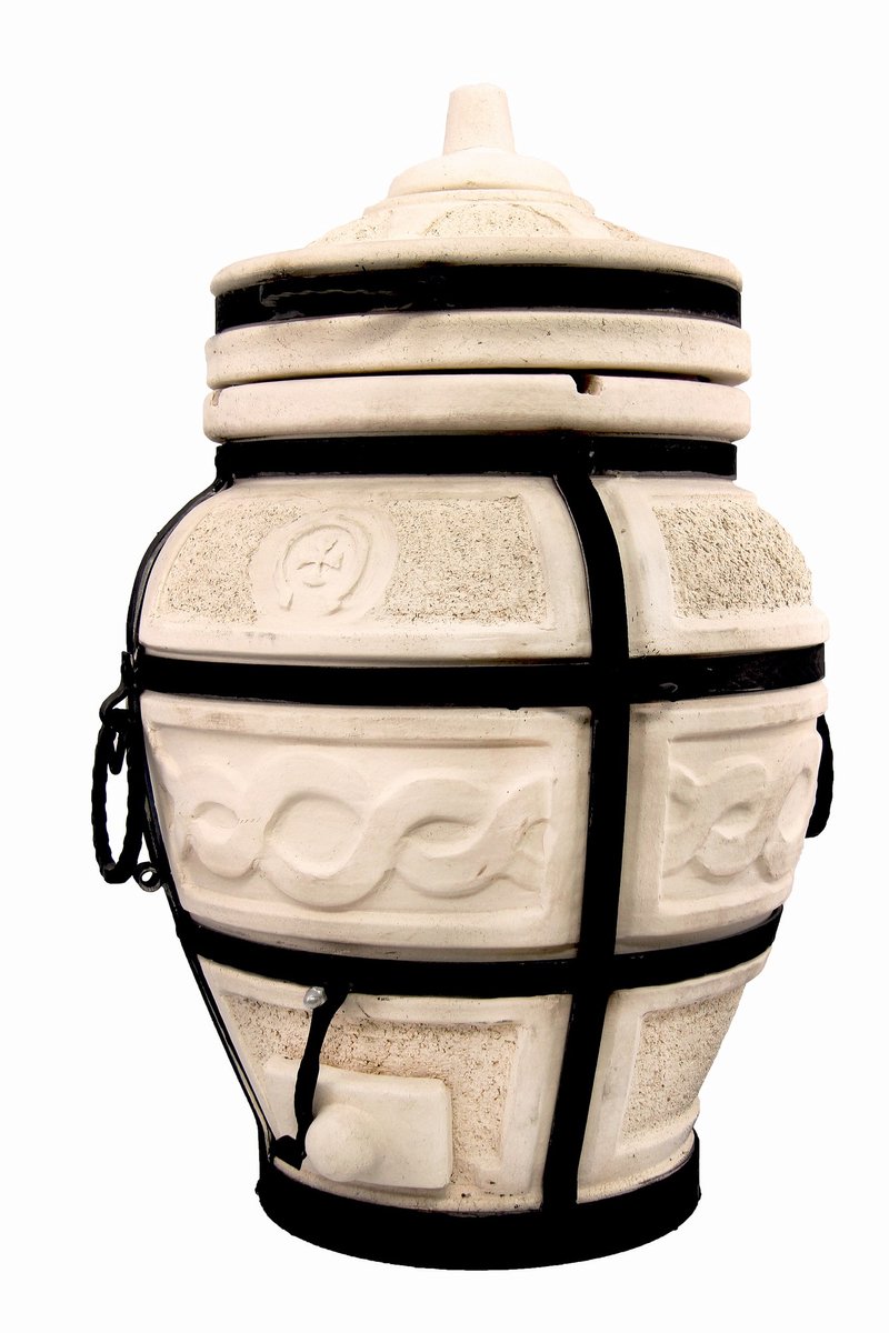 Tandoor Esaul (klapdeksel) – Keramische houtgestookte buitenoven, verticale Kamado voor vlees, groenten en brood – Met 8 XL-spiesen & accessoires – 5 cm dikke wanden voor perfecte warmteopslag – 82 cm – 100 kg - 55L *** Met gietijzeren onderstel