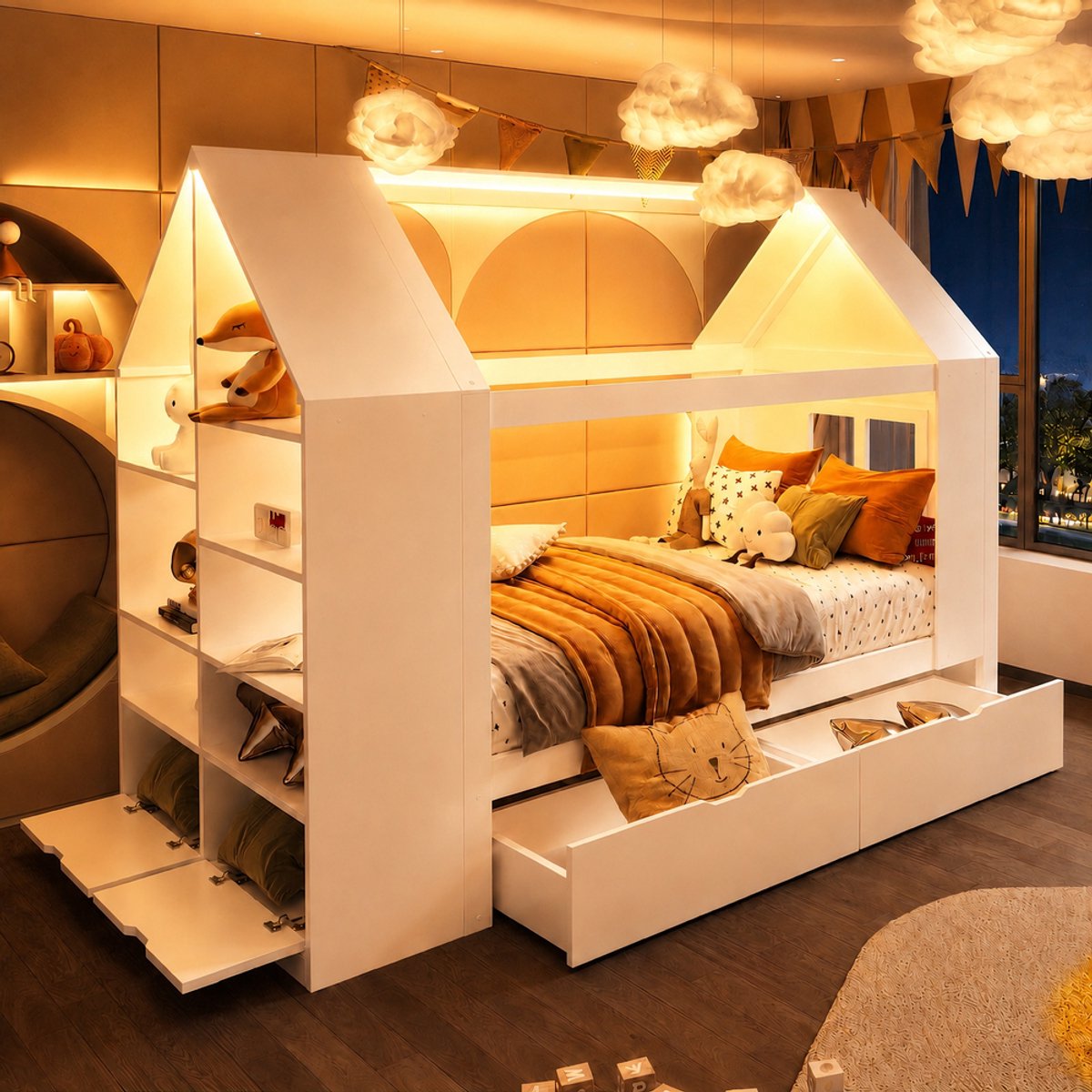 KOMHTOM Kinderbed 90x200 cm - Huisvormig Ontwerp - Met LED Verlichting - Met 2 Lades Opbergruimte - Wit Hout - Jeugdbed voor Kinderen en Tieners - Multifunctioneel Bed met Hoofdeinde