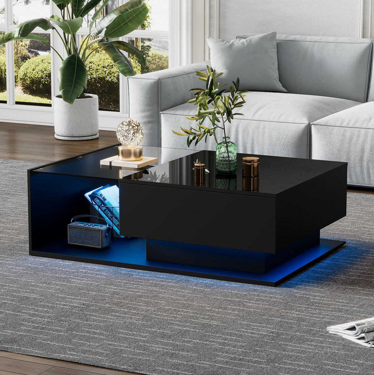 HAUSS SPOLE Salontafel - Hoogglans Met Glasplaat En LED-Verlichting - Met 1 Lade Voor Woonkamer - Spaanplaat - 100x50x32 Cm - Zwart