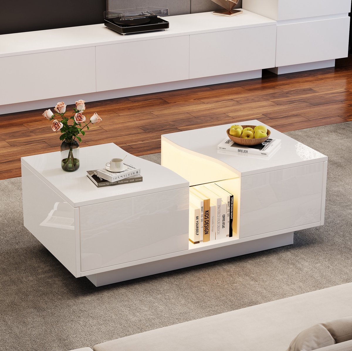 HAUSS SPOLE Salontafel - Hoogglans Met Led Verlichting En 2 Lades - Voor Woonkamer En Slaapkamer - MDF En Acryl - 100x50x35 Cm - Wit