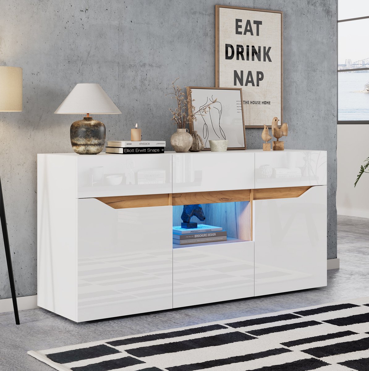 HAUSS SPOLE Dressoir - Hoogglans Opbergkast Met Ledverlichting En 4 Lades - Voor Woonkamer En Opbergruimte - Spaanplaat - 140x40x70 Cm - Wit Houtkleur