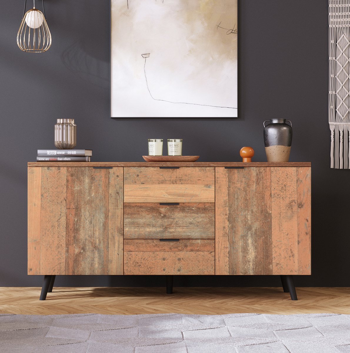 HAUSS SPOLE Dressoir - Verstelbare Planken En 3 Lades - Opbergkast Voor Woonkamer En Eetkamer - Spaanplaat - 140x35x70 Cm - Antiek Bruin