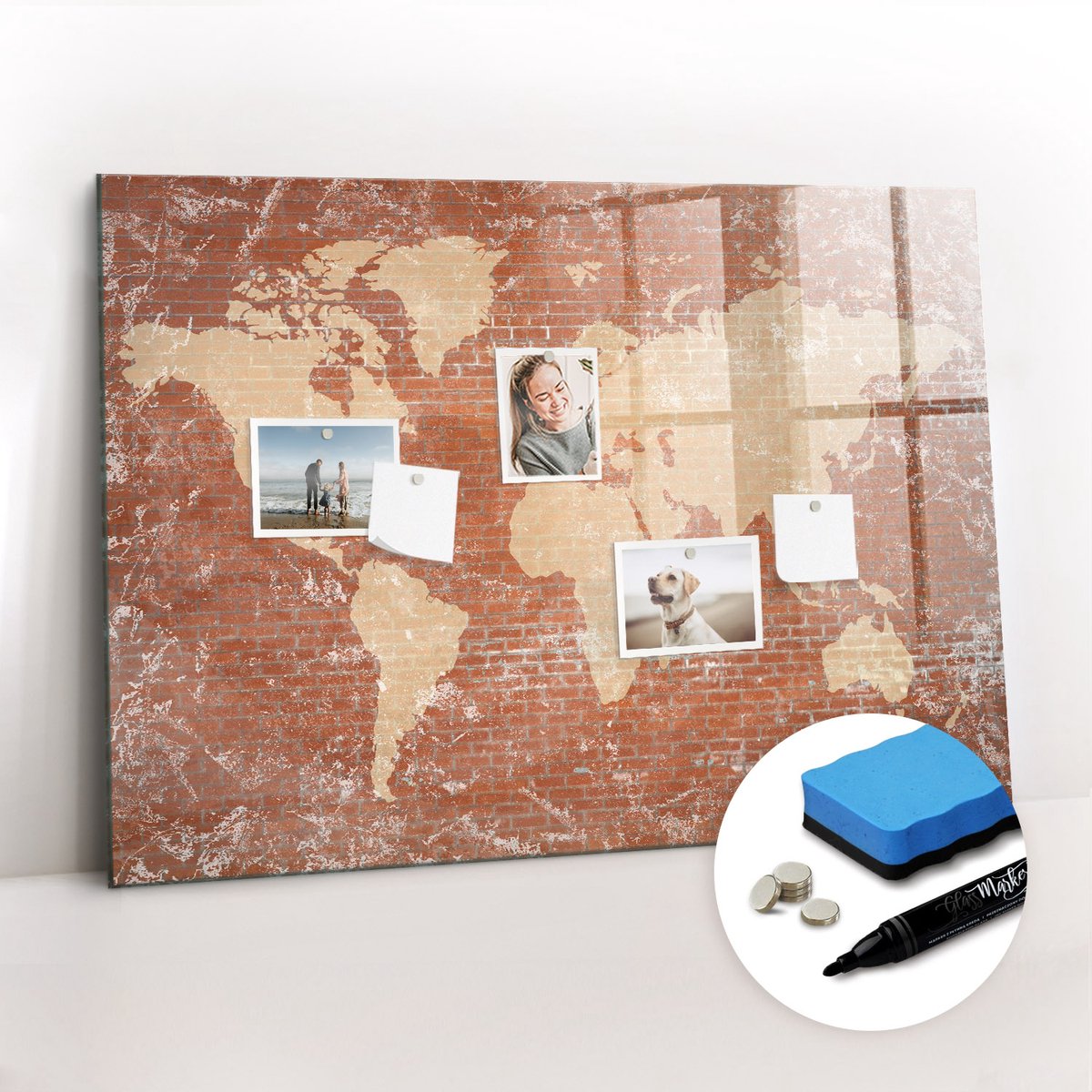 Tulup Whitebord - Wereldkaart op baksteen - 100 x 70 cm - Bruin Magneetbord Foto - Gratis 5 Sterke Magneten + Whiteboard Marker & Wisser - Stylish Memo Board - Memo Bord - Organiseer Je Bureau
