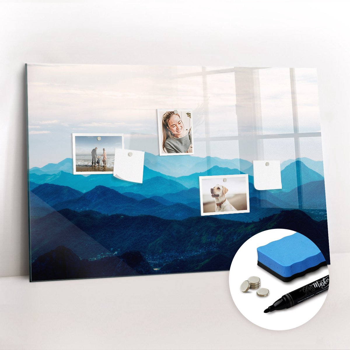 Tulup Whitebord - Aquarel bergen - 90 x 60 cm - Veelkleurig Memobord Glas - Gratis 5 Sterke Magneten + Whiteboard Marker & Wisser - Stylish Memo Board - Magnetisch Bord Kind - Organiseer Je Bureau
