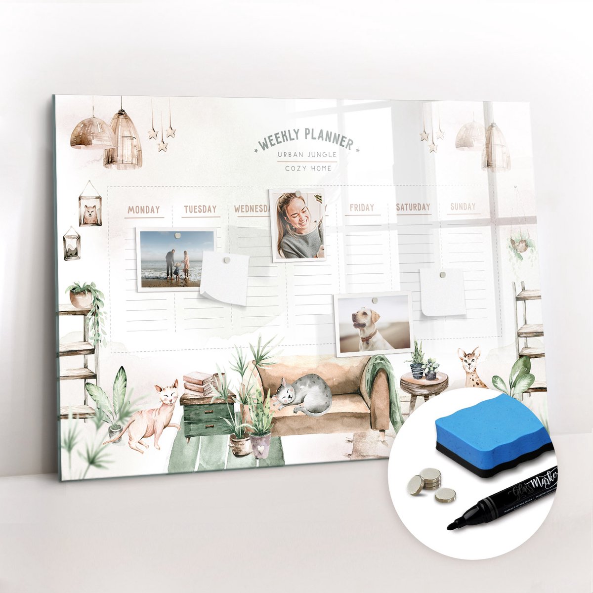 Tulup Whitebord - Gezellige Huisplanner - 100 x 70 cm - Veelkleurig Magnetisch Wandbord - Gratis 5 Sterke Magneten + Whiteboard Marker & Wisser - Moderne Wanddecoratie - Magneetbord Keuken - Notitiebord Werkplek