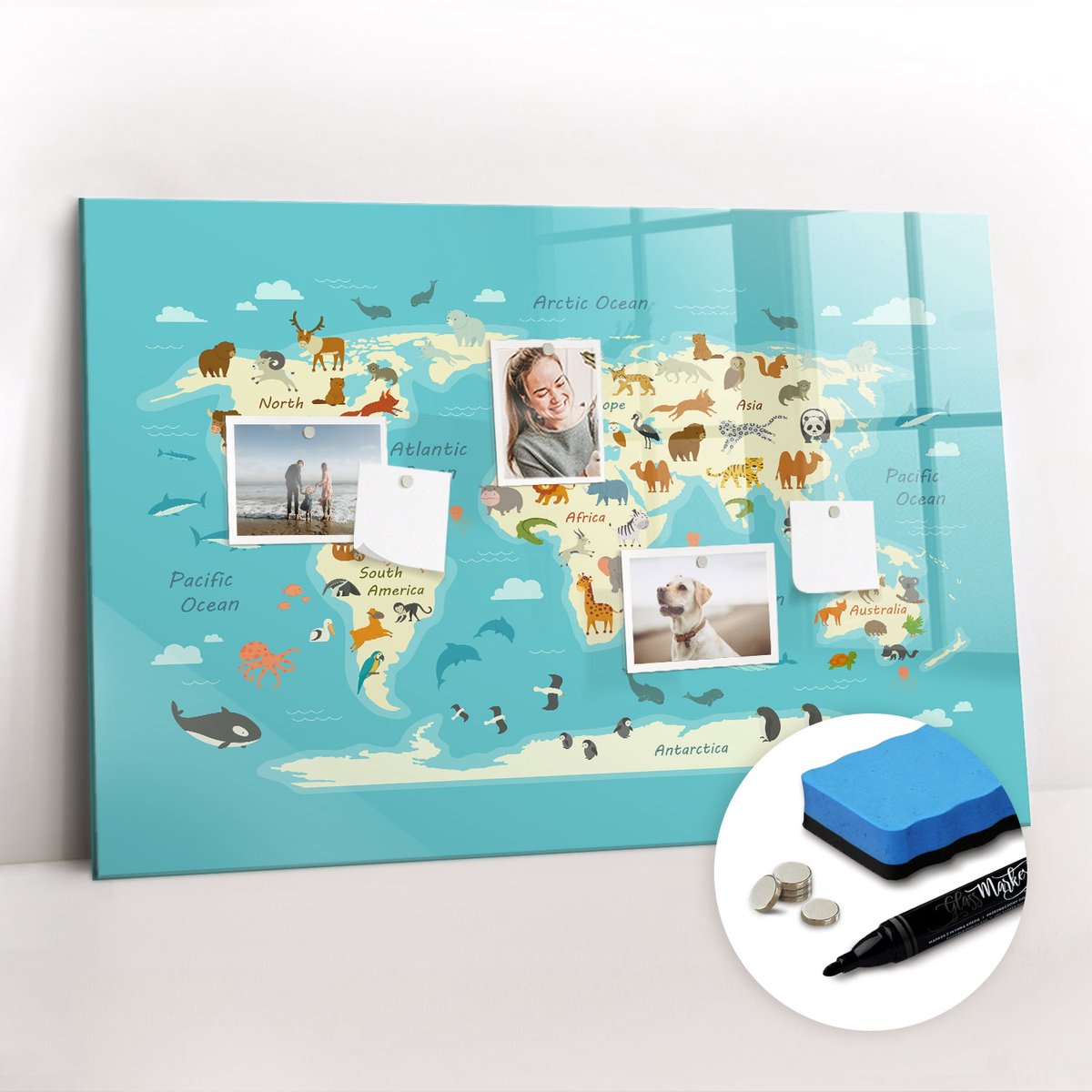 Tulup Whitebord - Educatieve wereldkaart - 90 x 60 cm - Blauw Memobord Keuken - Gratis 5 Sterke Magneten + Whiteboard Marker & Wisser - Industrieel Wandbord - Magneetbord Keuken - Inspiratiebord Kantoor