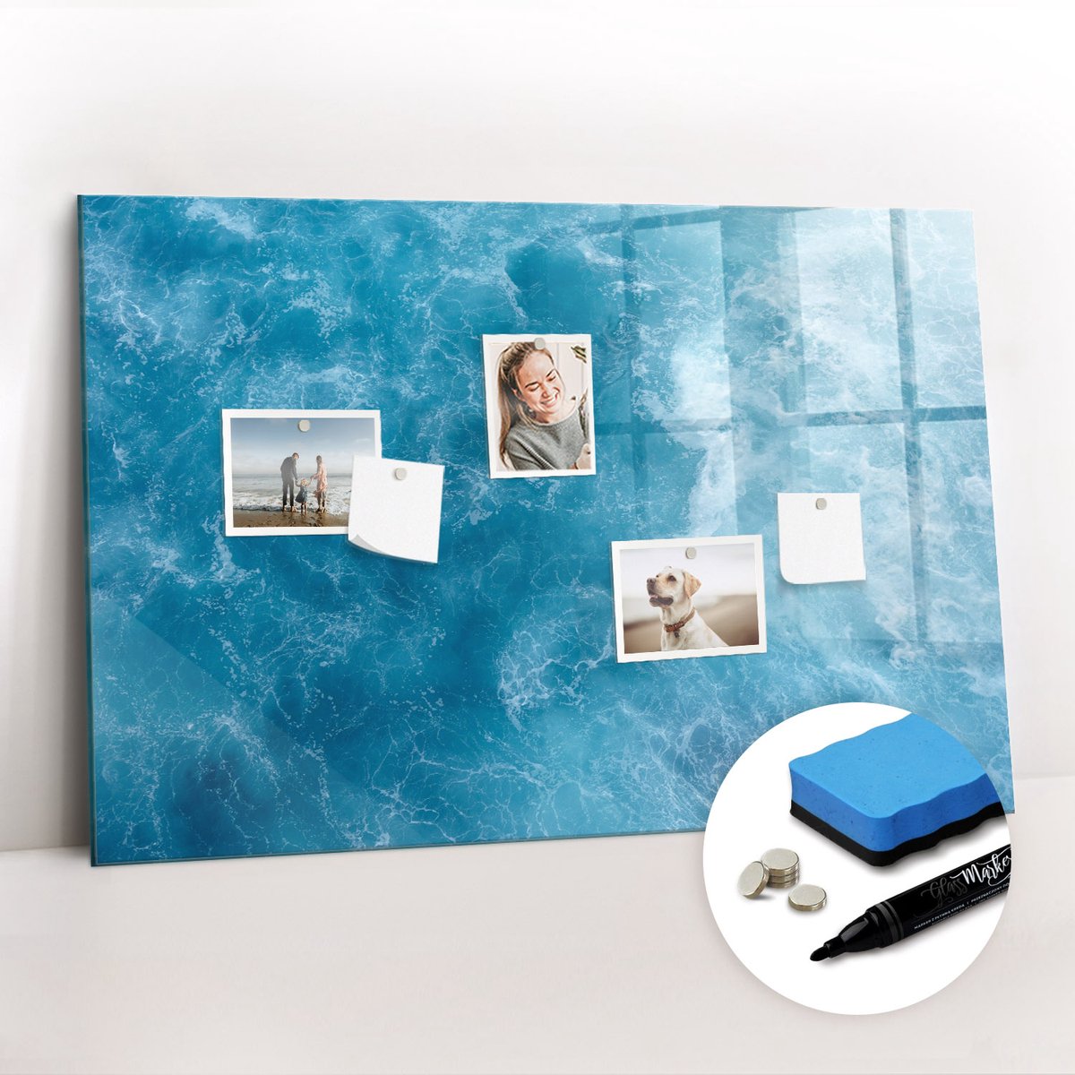 Tulup Whitebord - Zeewater - 90 x 60 cm - Blauw Magnetic Board - Gratis 5 Sterke Magneten + Whiteboard Marker & Wisser - Stylish Memo Board - Magnetisch Memobord - Notitiebord Werkplek
