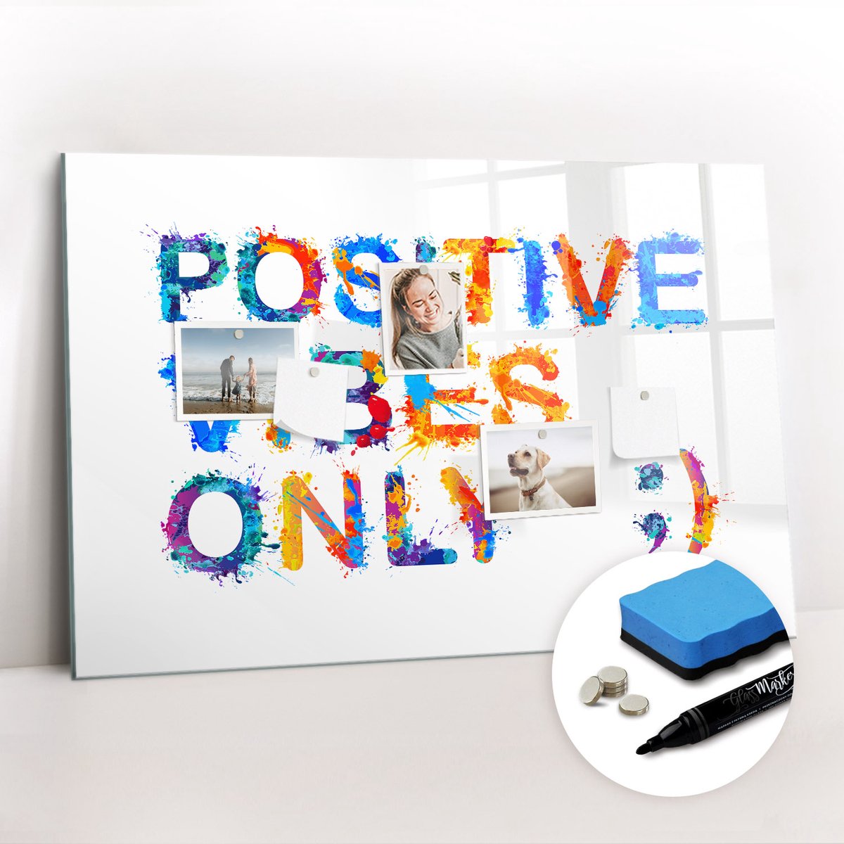 Tulup Whitebord - Positieve quote - 90 x 60 cm - Veelkleurig Magneetbord Foto - Gratis 5 Sterke Magneten + Whiteboard Marker & Wisser - Moderne Wanddecoratie - Memobord Glas - Organiseer Je Bureau