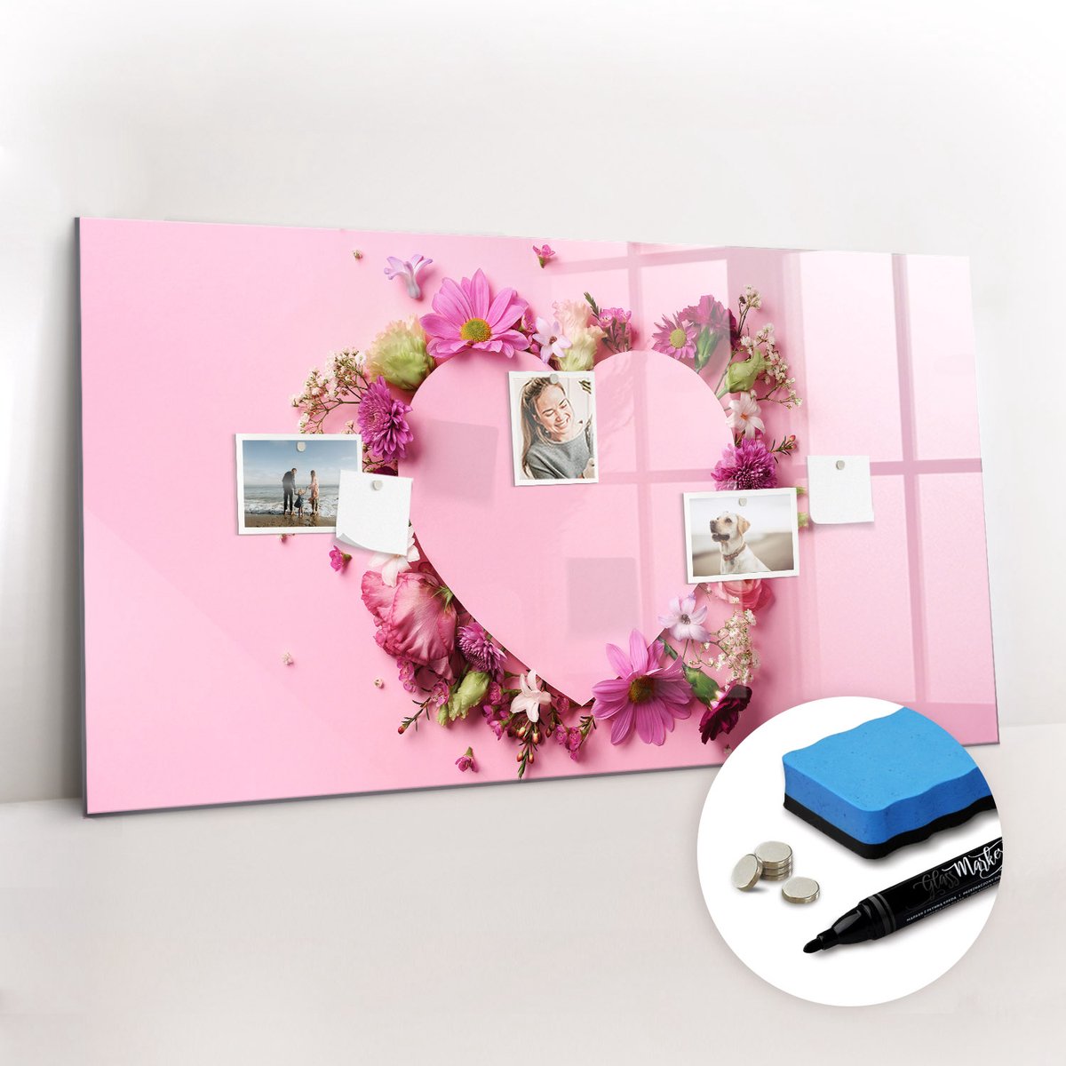 Tulup Whitebord - Hart van bloemen - 120 x 60 cm - Roze Magnetisch Bord - Gratis 5 Sterke Magneten + Whiteboard Marker & Wisser - Scandinavisch Design Bord - Magneetbord Foto - Organiseer Je Bureau