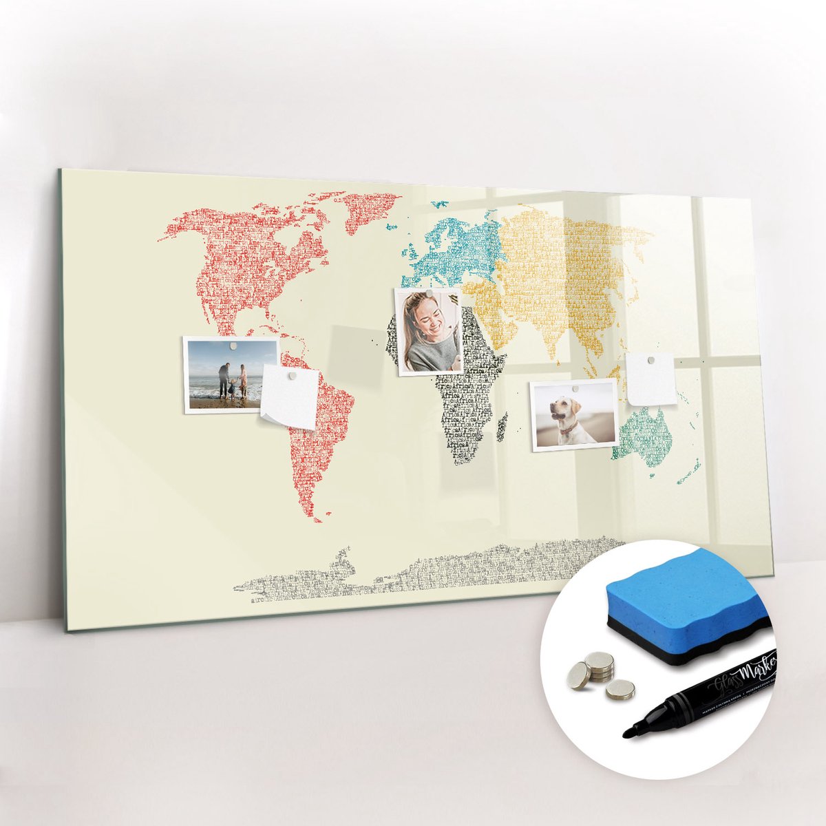 Tulup Whitebord - Een wereldkaart gemaakt van letters - 120 x 60 cm - Veelkleurig Memo Magneetbord - Gratis 5 Sterke Magneten + Whiteboard Marker & Wisser - Interieur Accessoires Kantoor - Memobord Keuken - Productiviteit Tools