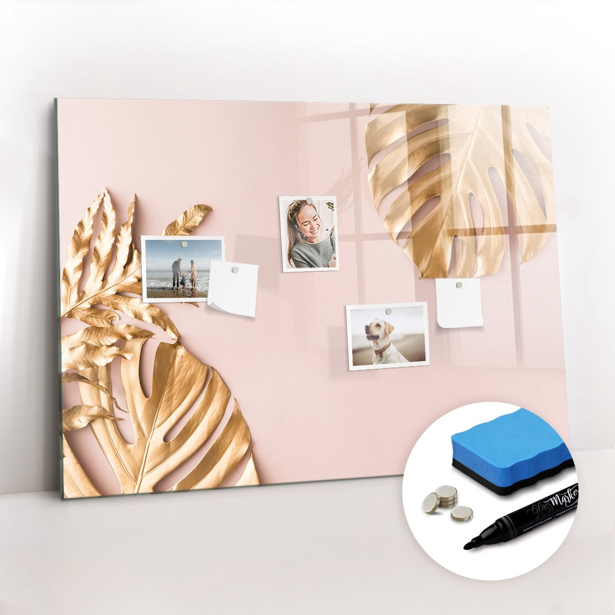 Tulup Whitebord - Gouden tropische bladeren - 100 x 70 cm - Geel Magnetisch Memobord - Gratis 5 Sterke Magneten + Whiteboard Marker & Wisser - Interieur Accessoires Kantoor - Magnet Board - Inspiratiebord Kantoor