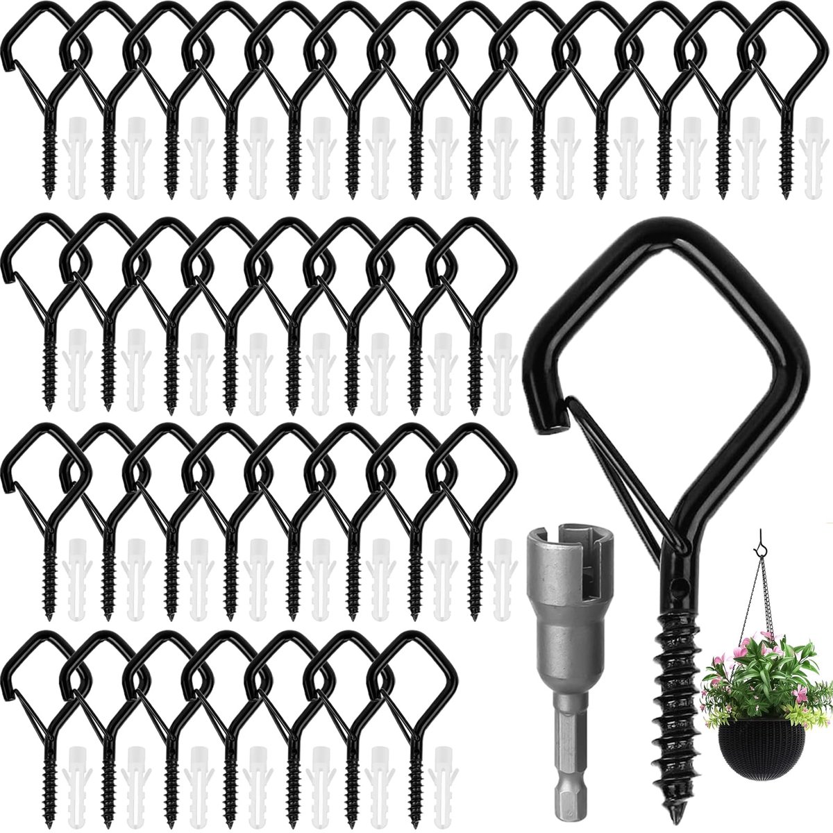 Schroefhaken Screw Hooks Stainless Steel Black 36 Pcs Oogschroeven Wijnstok Oogbouten Schroefhaken Zwart met Beveiliging voor Plantenmanden, Vogelhuisjes, Windgongen, Lichtkettingen