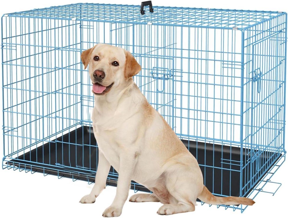 Grote Hondenkrat - Hondenbench XL - Veilig Huisdier - Dubbele Deur - 91 cm - Blauw