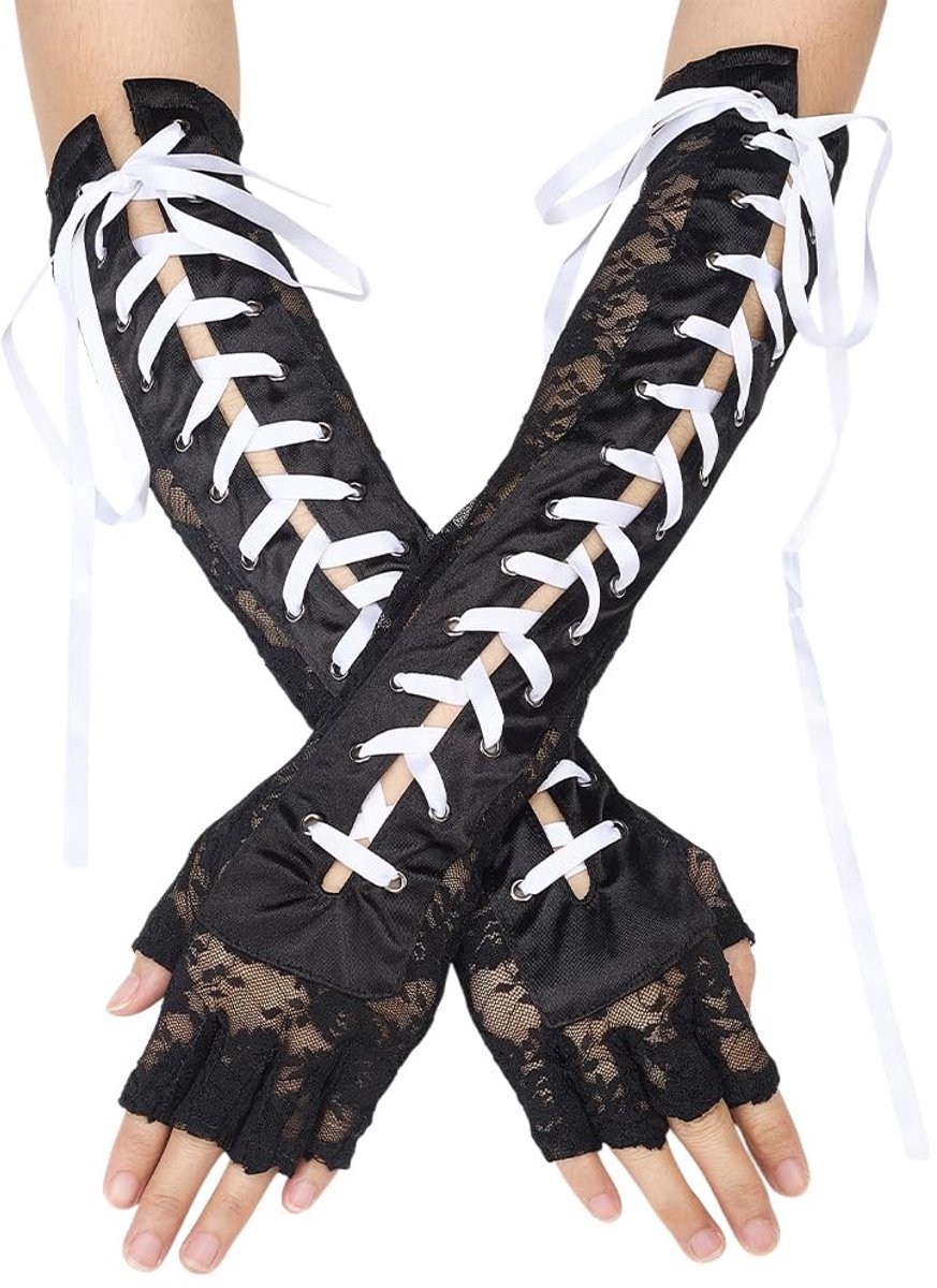 Vingerloze handschoenen, vetersluiting, lange ellebooghandschoenen, middeleeuwse vrouwen, gothic, zwart, kanten doek, halve vingers, handschoenen voor kostuum, feest, Halloween, cosplay