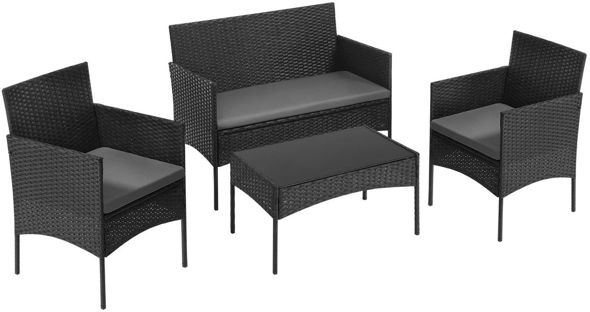 YYchan loungeset voor buiten - 4 personen - met kussens - zwart - 100 x 56 x 78 cm