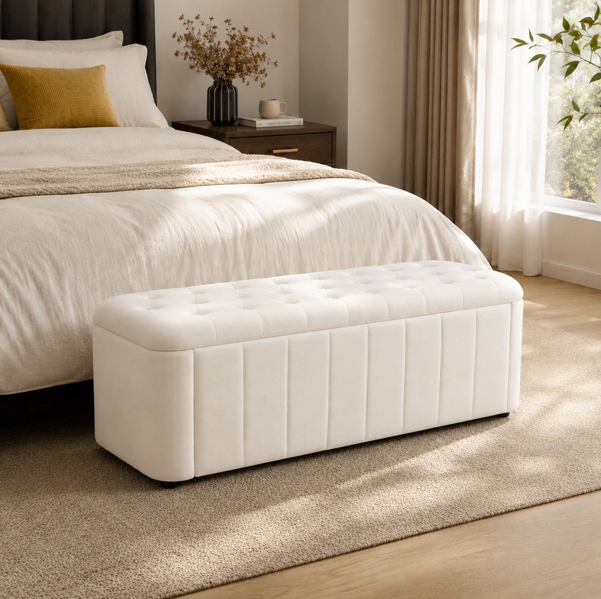 STILVORA Bankje 132 x 47 x 24 cm - Opbergbank Met Afneembaar Zitkussen - Voor Slaapkamer, Woonkamer En Hal - Velours Beige