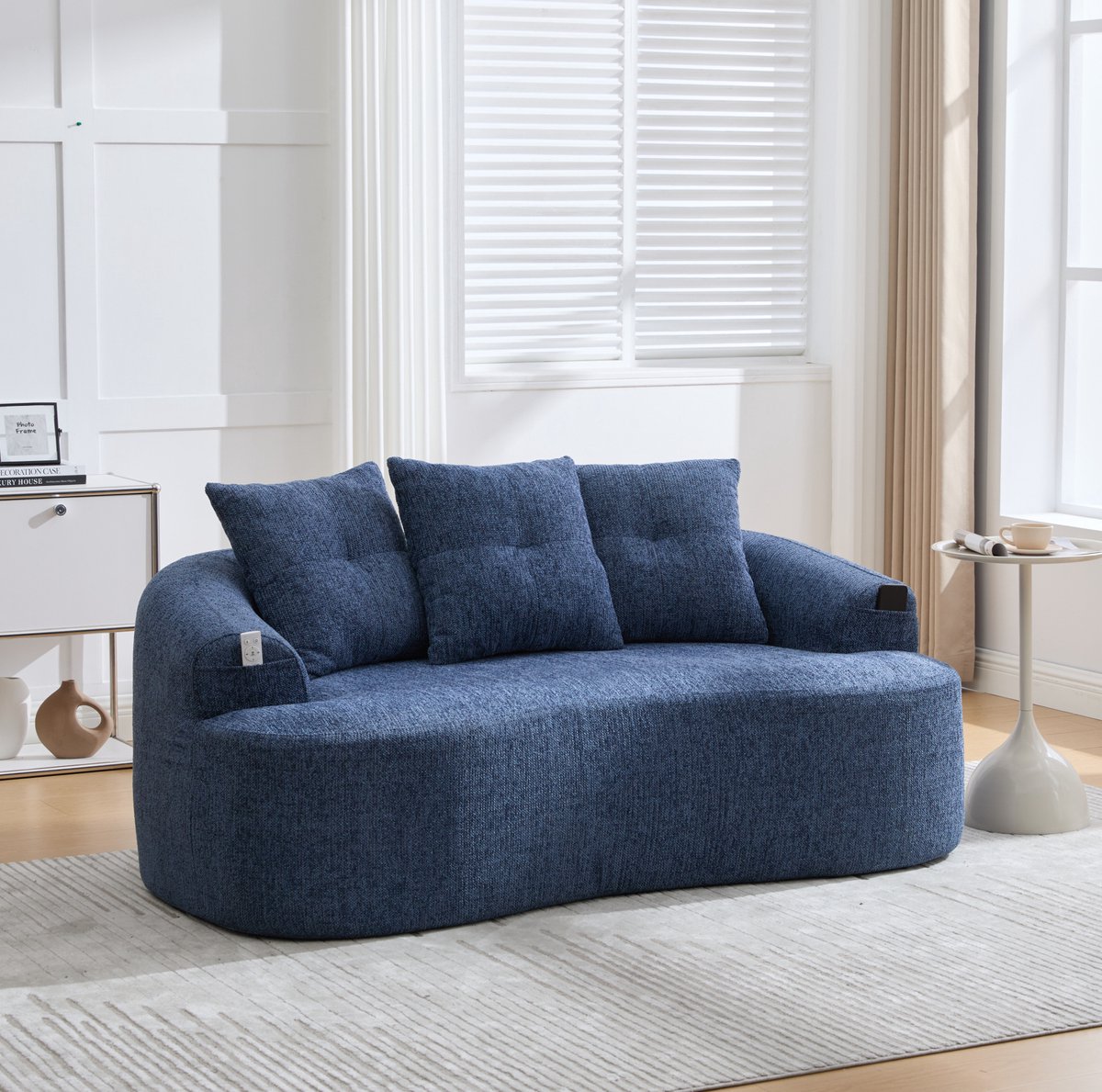 FloraGrace Zitbank 164 Cm - 2-Zits Bank Met Gebogen Design En Diepe Zitting - Met 3 Sierkussens Voor Woonkamer - Chenille - Blauw
