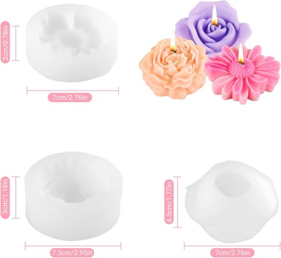 3 stuks siliconen kaarsvormen bloemen, pioenroos, roos, madeliefje kaarsvorm, siliconen vorm kaarsen bloemen voor DIY productie kaarsen zeep gips hars handwerk — afbeelding 2