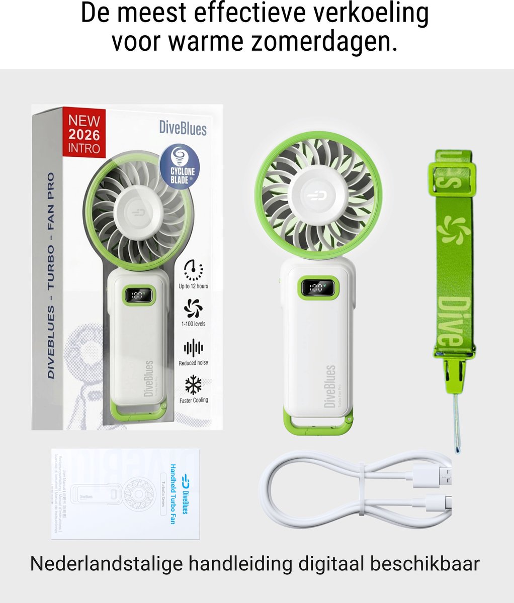 Diveblues® AIR 100 - Handventilator Oplaadbaar – Turbo Luchtstroom - 100 Snelheden – LED Display – Tot 12 uur gebruik - Koelt écht — afbeelding 8