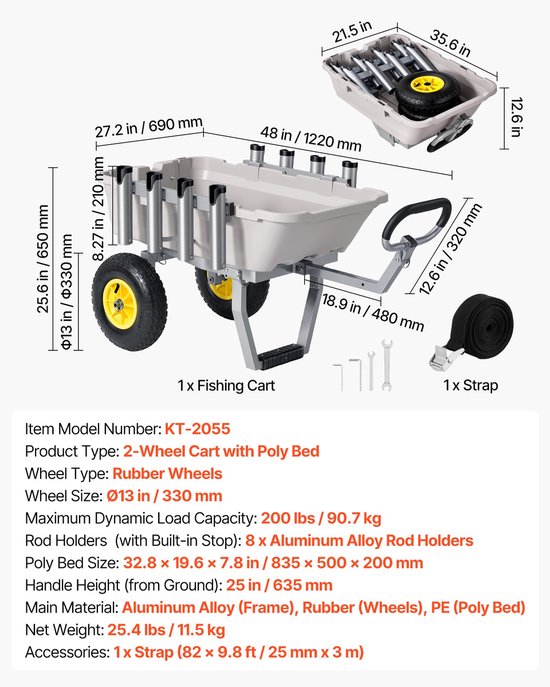 Opvouwbare viskar - Transportkar voor vissen - Draagvermogen 90,7 kg - 2 All-terrain Rubberbanden - Aluminium Frame - 8 Hengelhouders - Voor Strand en Kamperen — afbeelding 3