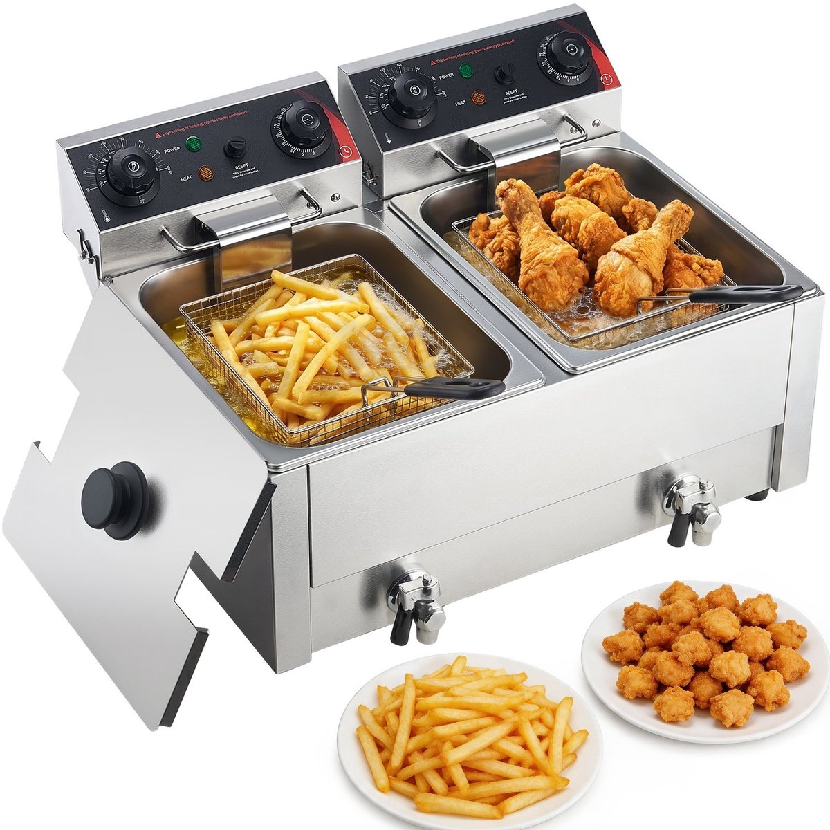 Commerciële friteuse - Dubbele elektrische frituurpan - Inhoud 2 x 7L (14L) - 5000W Vermogen - RVS Tafelmodel - Temperatuurregeling & Timer - Met frituurmanden & deksels - Zilver