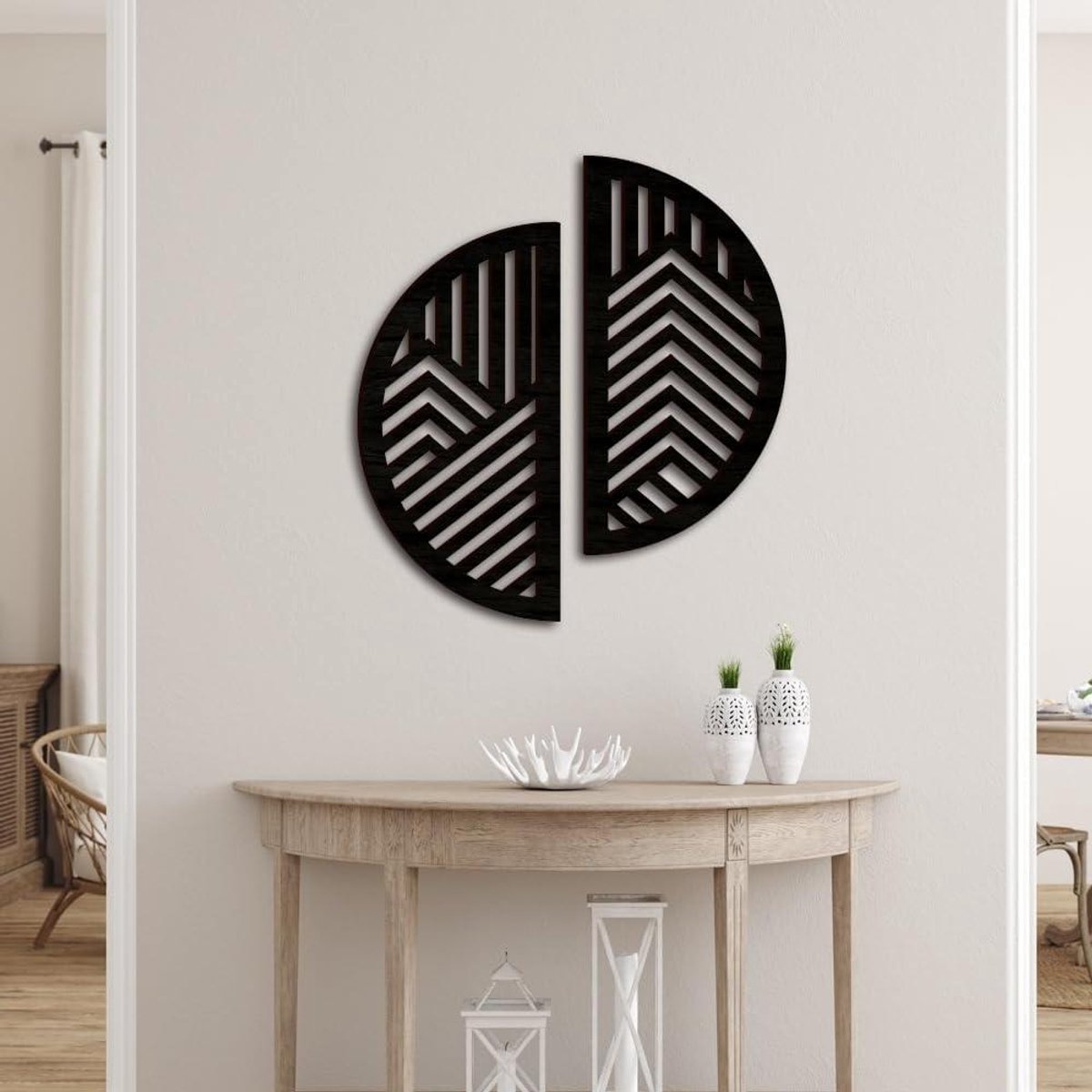 Houten Wanddecoratie Rond - Muurkunst Sculptuur - Woonkamer Aankleden - Holle Boho Stijl - 30 x 30 cm - Zwart