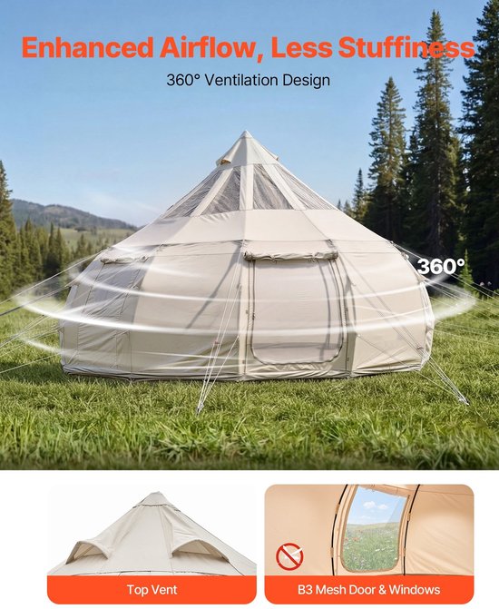 Canvas Bell Tent - 5 m Yurt Tipi Tent - 4 Seizoenen - Met Schoorsteenopening & Regenhoes - Polykatoen - Voor 12 Personen - Beige — afbeelding 5