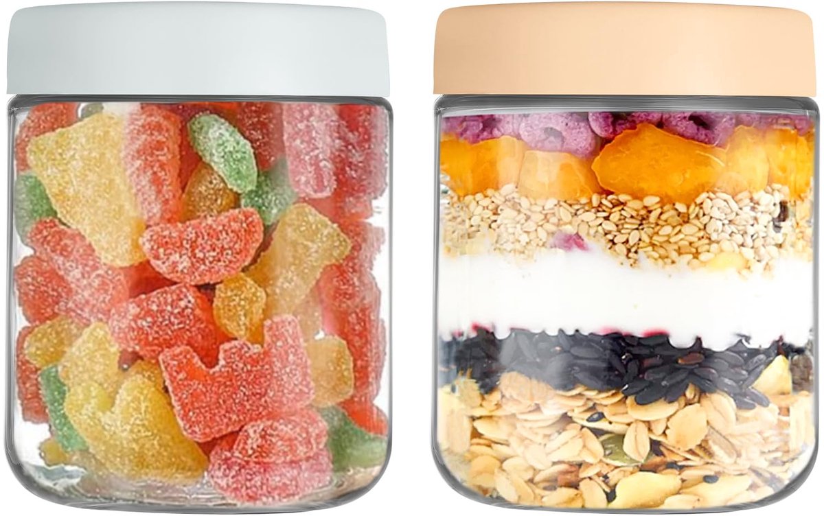 pot met deksel, 500 ml, haverglazen met schroefdeksel, voor het inmaken van salade, yoghurt, pudding, chutney, jam, herbruikbare potten met deksel als ontbijtpot, 2 stuks