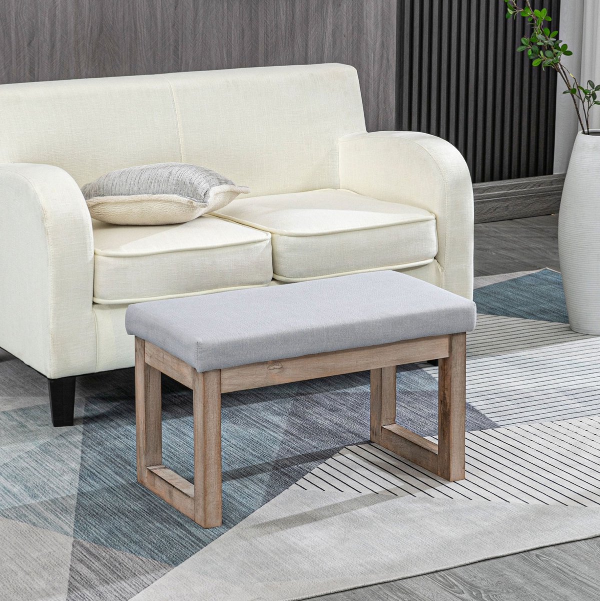 MEUNIQ Voetenbankje 68 x 38 x 42 cm gestoffeerde hocker met houten poten en houten frame, grijs, voor woonkamer slaapkamer of hal