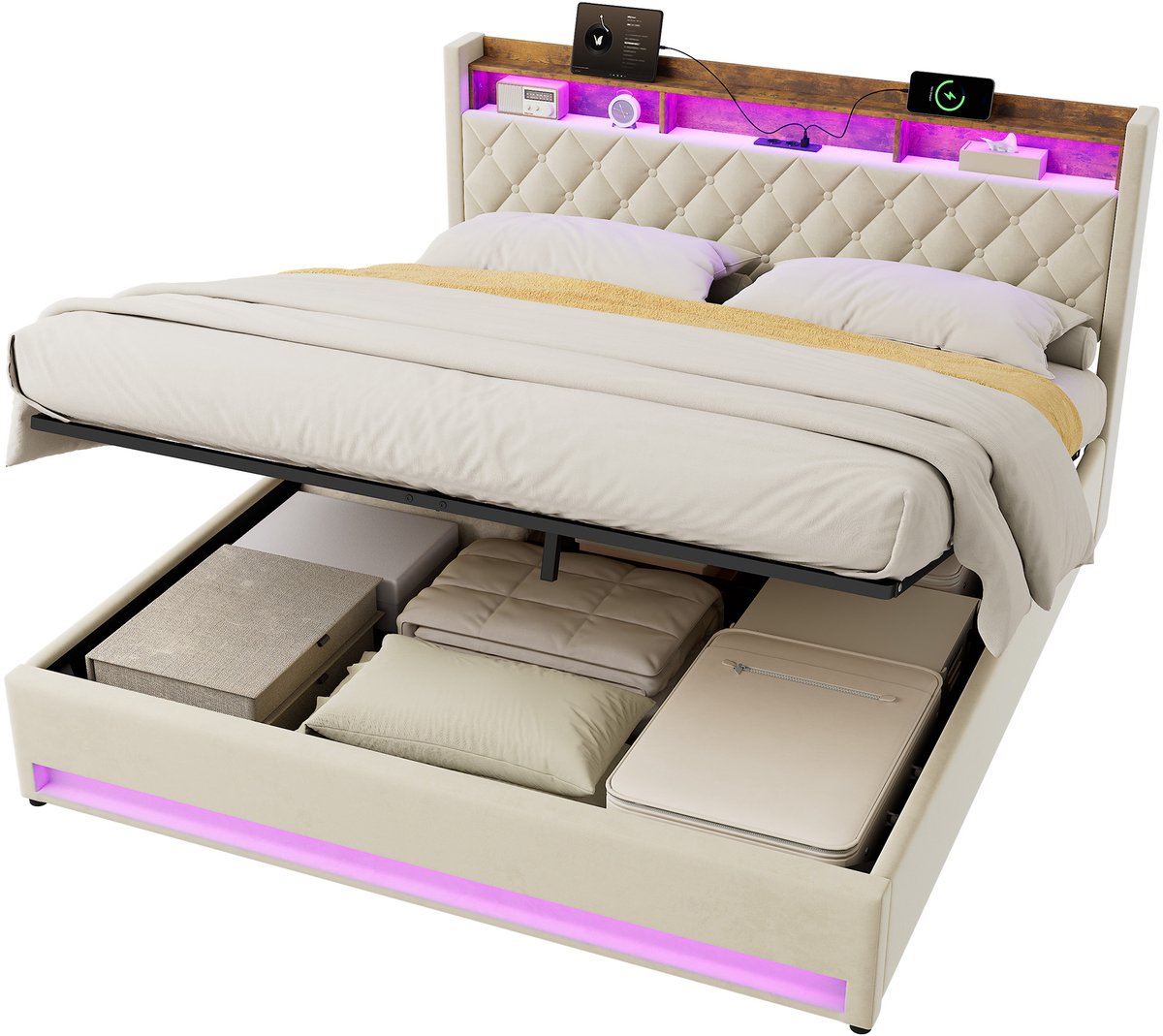 MODFU Luxe Polsterbed 180x200 cm – Fluweel beige – Hoog-elastisch schuim – Ergonomisch design – Incl. lattenbodem – Slaapkamer