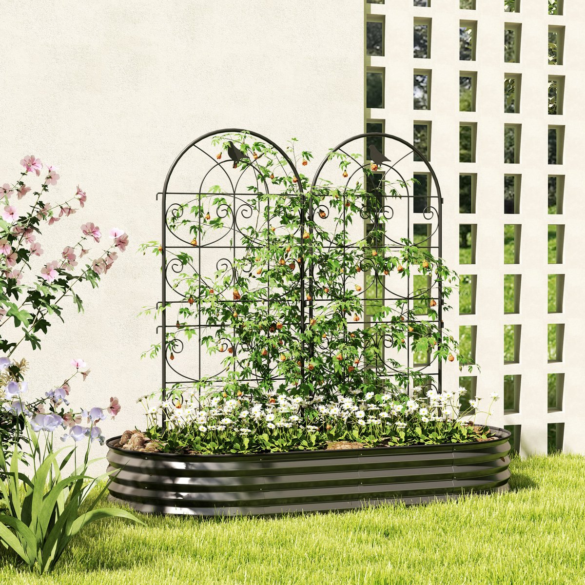 MEUNIQ plantenklimrek set van 2 voor klimplanten 50 x 120 cm van gepoedercoat metaal met vogelmotief voor tuin, border of langs de muur zwart