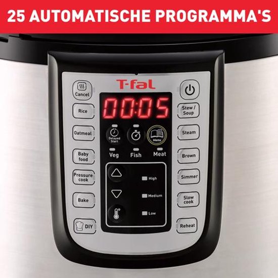 Close-up van het digitale bedieningspaneel van de Tefal multicooker met 25 automatische programma's, inclusief "Rice", "Oatmeal", "Baby food", "Bake", "Stew / Soup", "Steam", "Brown", "Simmer", "Slow cook" en "Reheat". De timer toont 00:05.