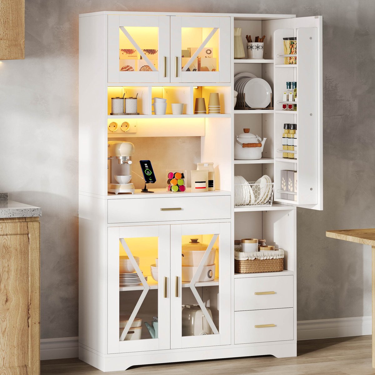 MIVRAY Keukenkast - Hoge Buffetkast Met Ledverlichting, Lade En Verstelbare Planken - Voor Keuken En Eetkamer - Wit MDF - 105x40x185 Cm