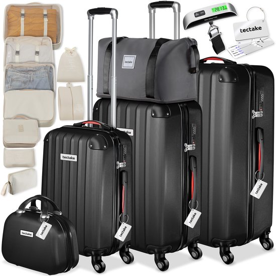 Zwarte koffers van tectake, in diverse maten, met toilettas, beautycase, packing cubes, reistas en bagageweegschaal.