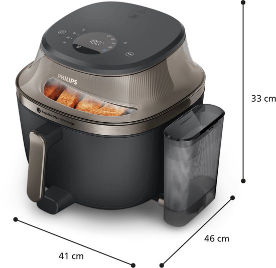 Philips Airfryer 7,2 liter in donkergrijs met glanzend beige detail. Zichtvenster toont goudbruin gebakken kip. Afmetingen 41 x 33 x 46 cm.