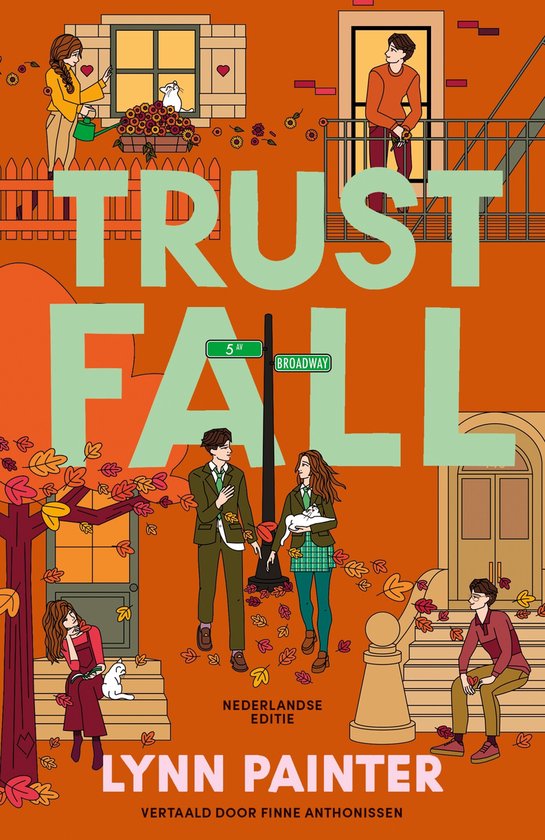 Boekomslag van 'Trust Fall' met twee jongeren, een kat en herfstbladeren. Tekst: TRUST FALL.