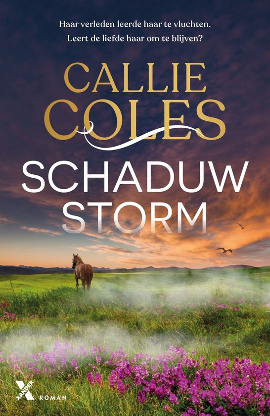 Boekomslag met "Schaduwstorm" van Callie Coles. Een paard staat in een veld bij zonsondergang. "Haar verleden leerde haar te vluchten. Leert de liefde haar om te blijven?"