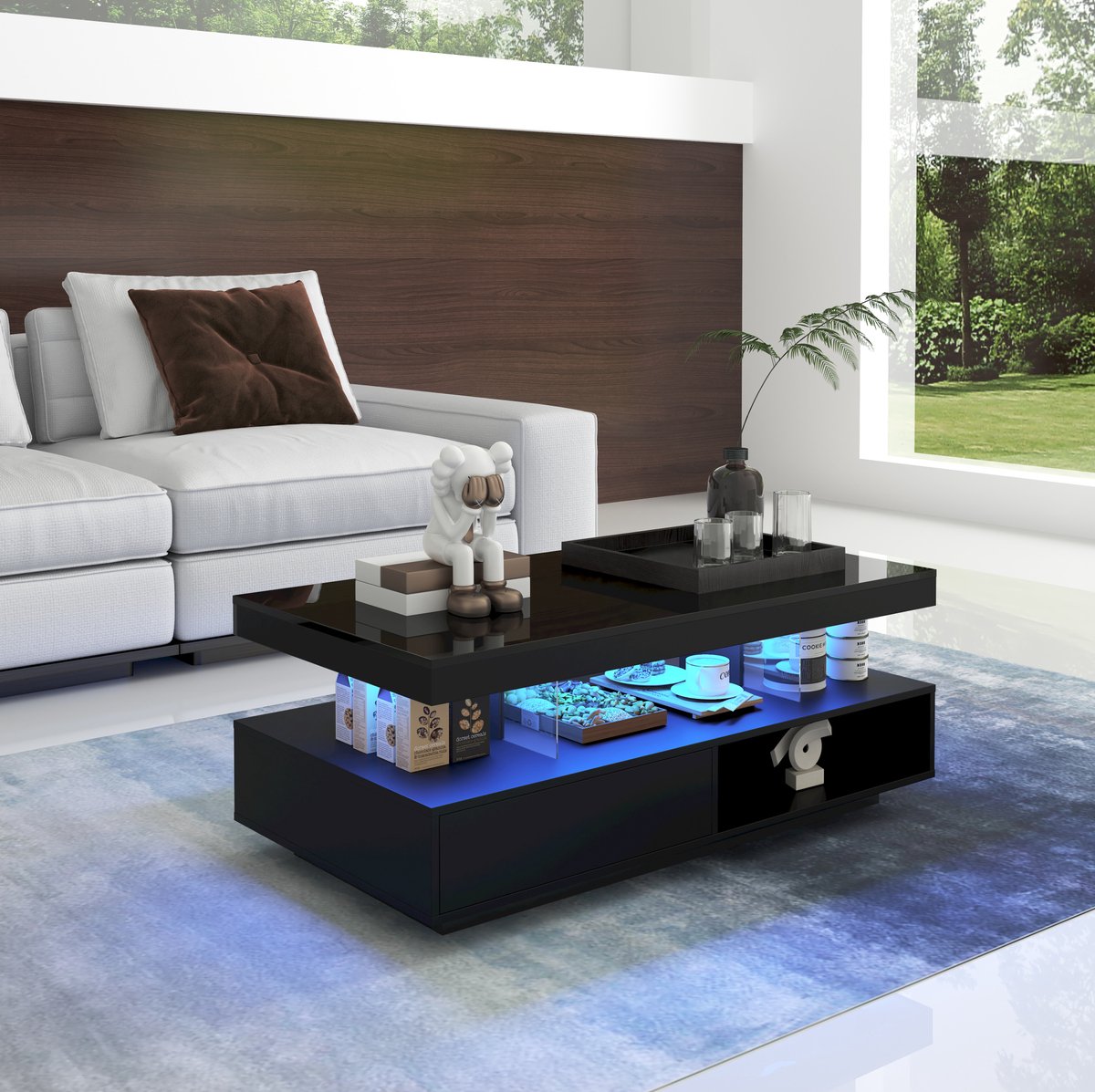 MIVRAY Salontafel - Hoogglans Tafel Met 4 Glazen Inzetstukken En 2 Lades - Modern Voor Woonkamer - Spaanplaat - Zwart - 95x50x42,5 Cm