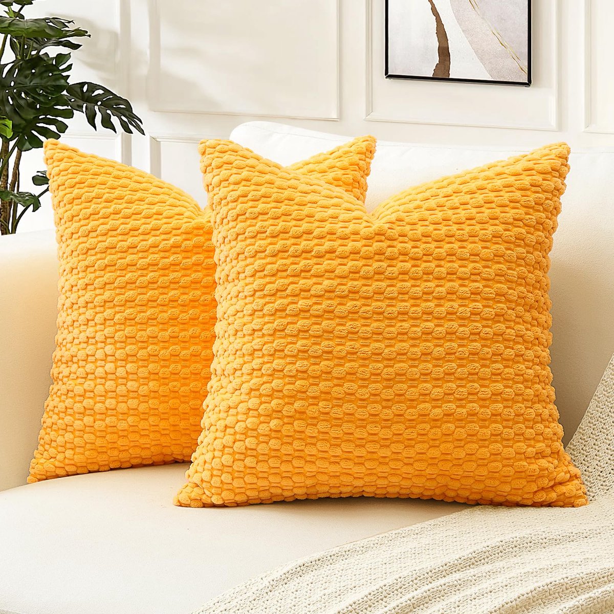 Pom Poms Decoratieve corduroy kussensloop 45x45 cm superzachte Boho gestreepte vierkante kussenhoes geometrisch voor sofa, bank, slaapkamer, autodecoratie, set van 2, goudkleurig