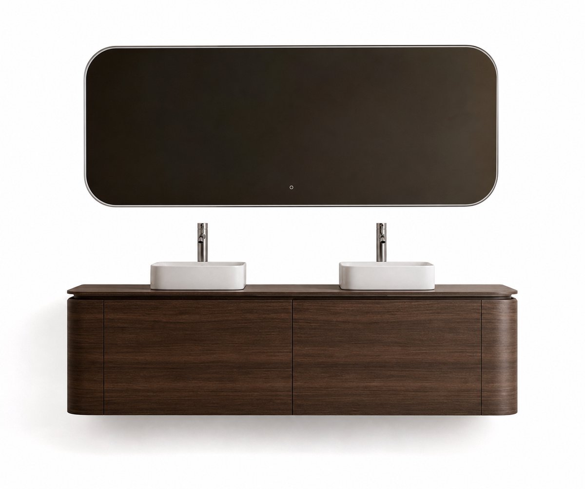 ZIMMER Badkamermeubel Set CURVA Dubbel met 2 Wastafels 119x49,5x48 cm Donker walnoot – Soft-Close – Zwevend Badmeubel Compleet