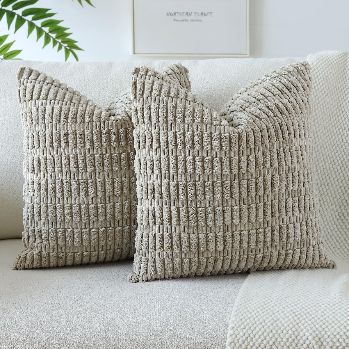 Corduroy zachte gestreepte boho decoratieve kussenslopen 50 x 50 cm kussenslopen 50 x 50 cm kussensloop vierkante kussenslopen voor bank, bank, woonkamer, bed, woondecoratie, set van 2 (tau)