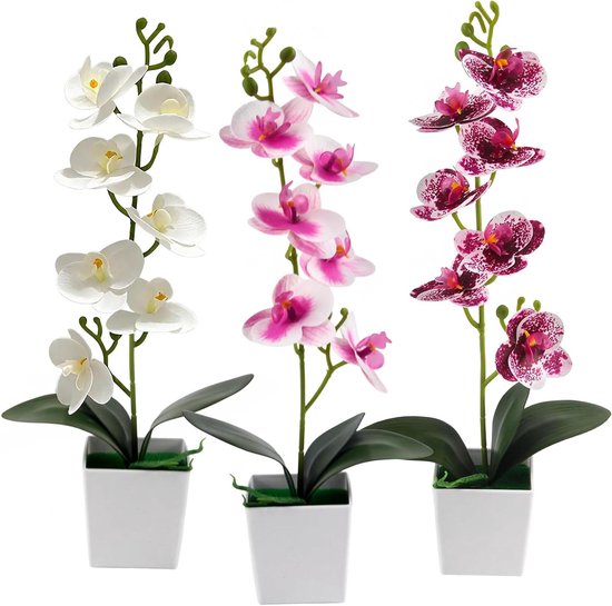 Kunstorchideeën in pot - Nepbloemen Sierplanten - Woondecoratie - Levensecht ontwerp - 23 cm - Paars Wit