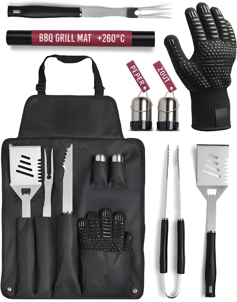 SP® BBQ Accesoires ( set ) - 23 Barbecue Set met RVS - Oxford Schort met Compartimenten - Zilver - 44cm x 11cm x 11cm
