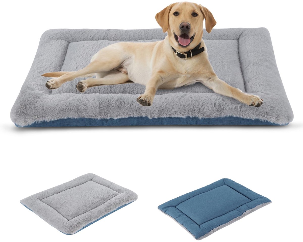 Hondenbed Mat, Tweevoudig Gebruik Wasbare Kussen, Zachte Premium Pluche Hondenkrat Mat, Matras voor Kleine/Middelgrote/Grote Honden en Katten FC014 (Grijs en Blauw, XS(45 * 33cm))