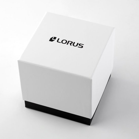 Witte Lorus horlogedoos met zwart accent en logo.