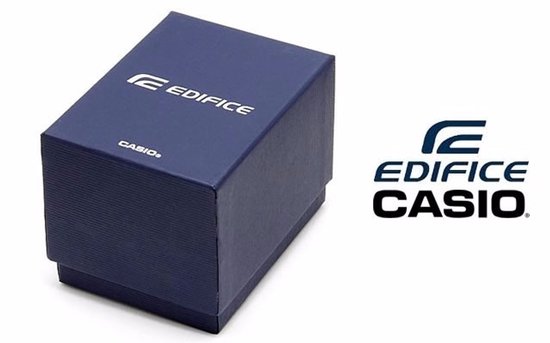 Blauwe Edifice Casio horlogedoos met ribbeltextuur.