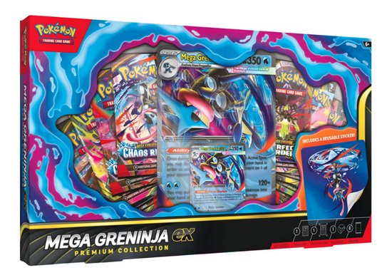 Pokémon Kaarten - Mega Greninja EX Premium Collection - Booster Bundle - 82 Kaarten Totaal - 6x Booster Pack Mega Evolution Chaos Rising + 2x Perfect Order Booster Packs + 1x Foil Promokaart + 1x Supergrote Promokaart - TCG - Box - Cards - Speelgoed