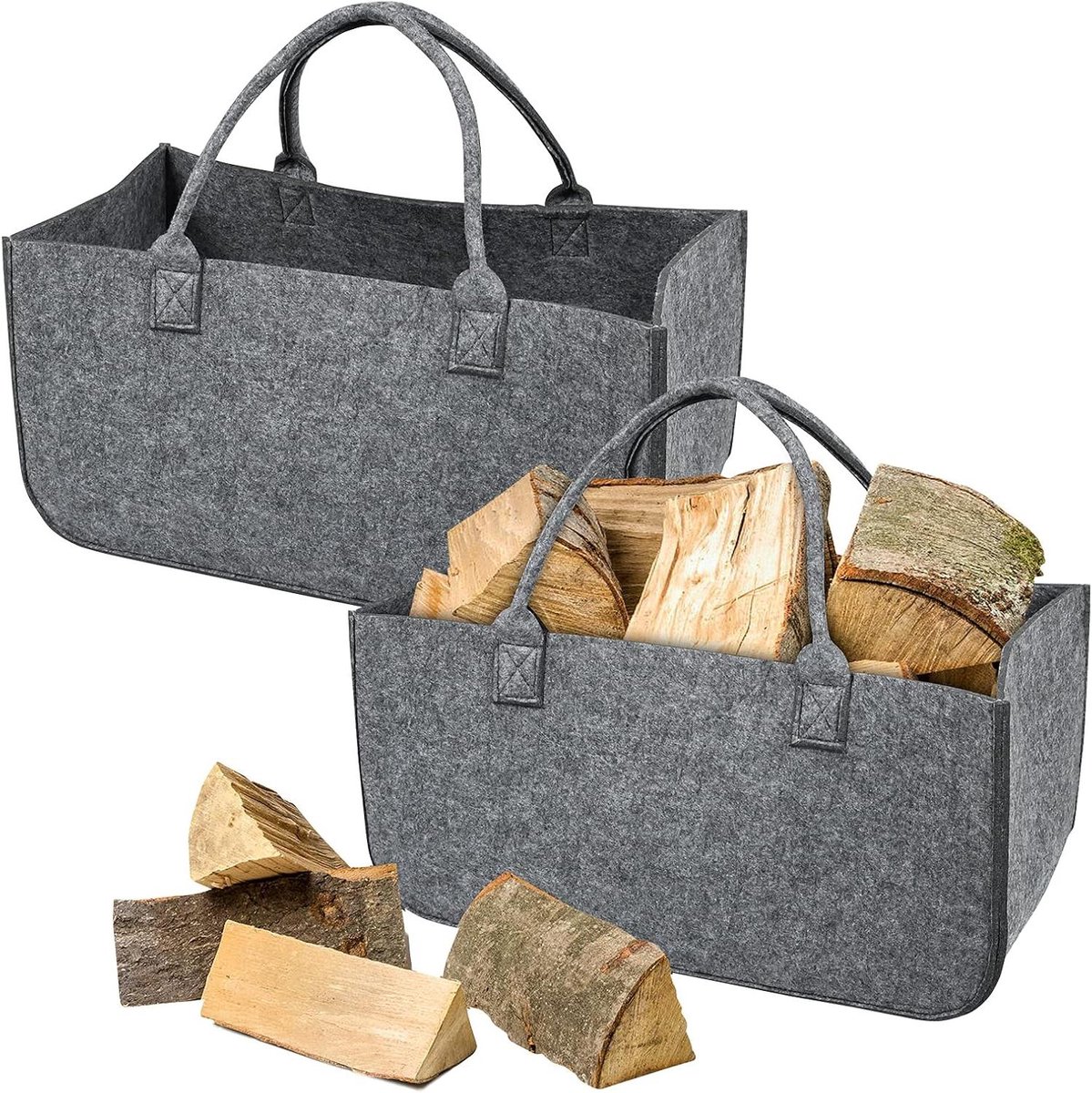 Viltzakken - Opvouwbare manden - Brandhout vervoeren - Versterkte handgrepen - 50 x 25 x 25 cm - Middengrijs