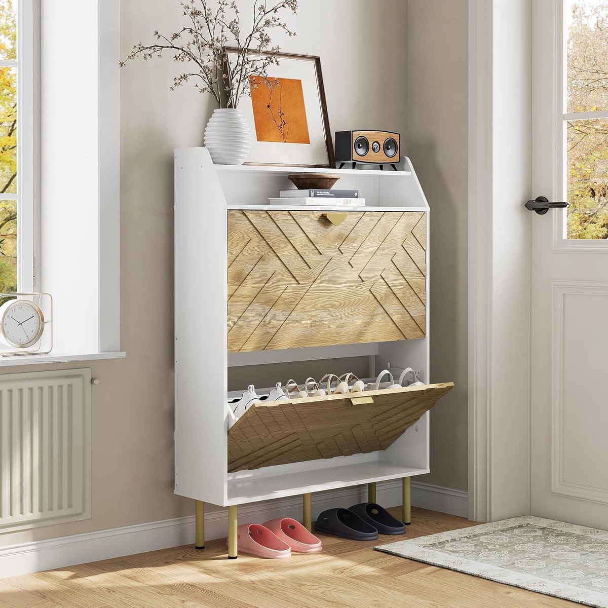 Smalle Houten Schoenenkast met 2 Kantelbare Kleppen - Moderne Schoenenkipper met Verstelbare Planken - Ruimtebesparende Schoenenorganizer voor Hal & Entree - Houtlook - Tot 16 Paar