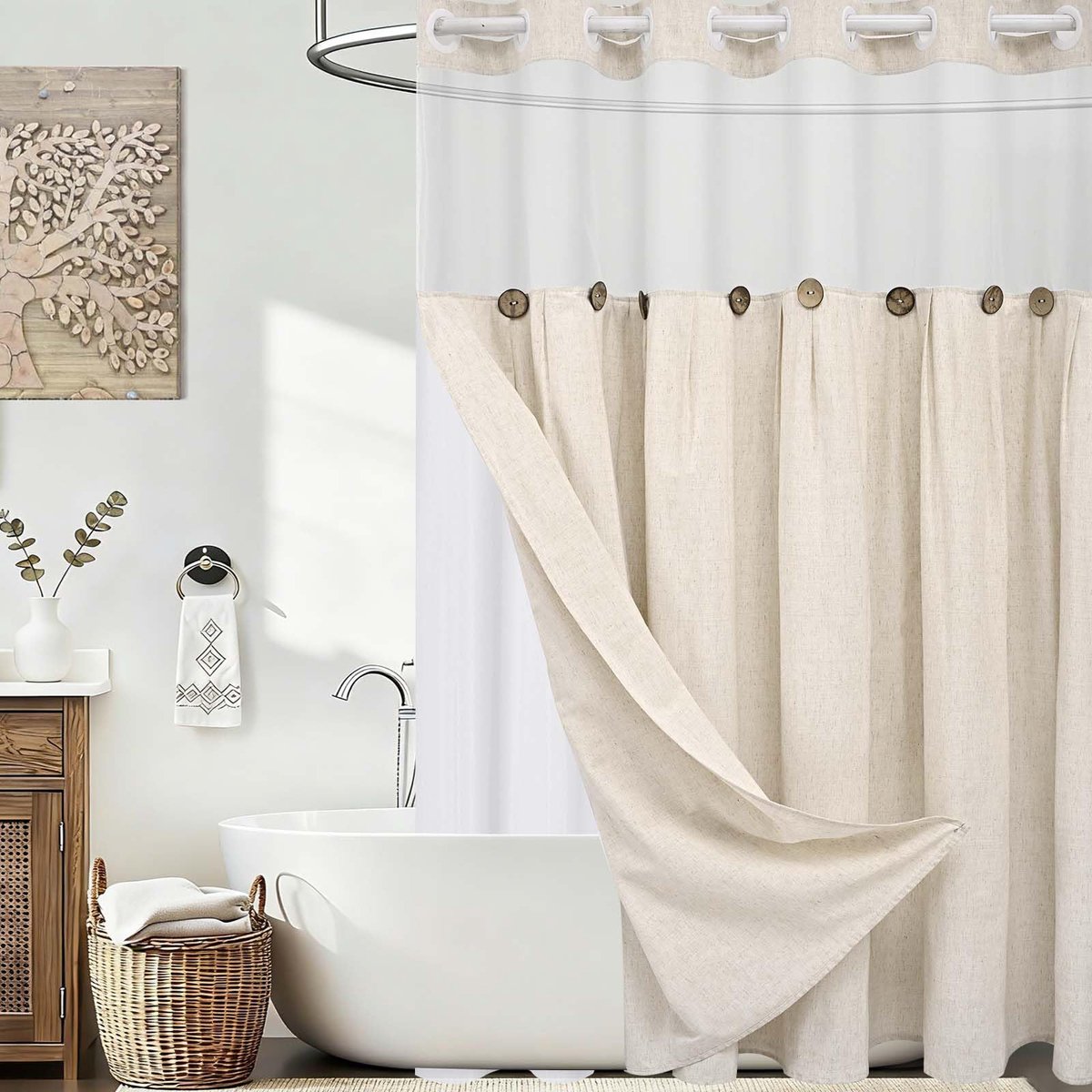 Douchegordijn, 180 x 205 cm, beige, antischimmel, textiel, badgordijn, wasbaar, douchegordijnen met gewicht, dubbellaags douchegordijn met drukknoopvoering en transparant venster